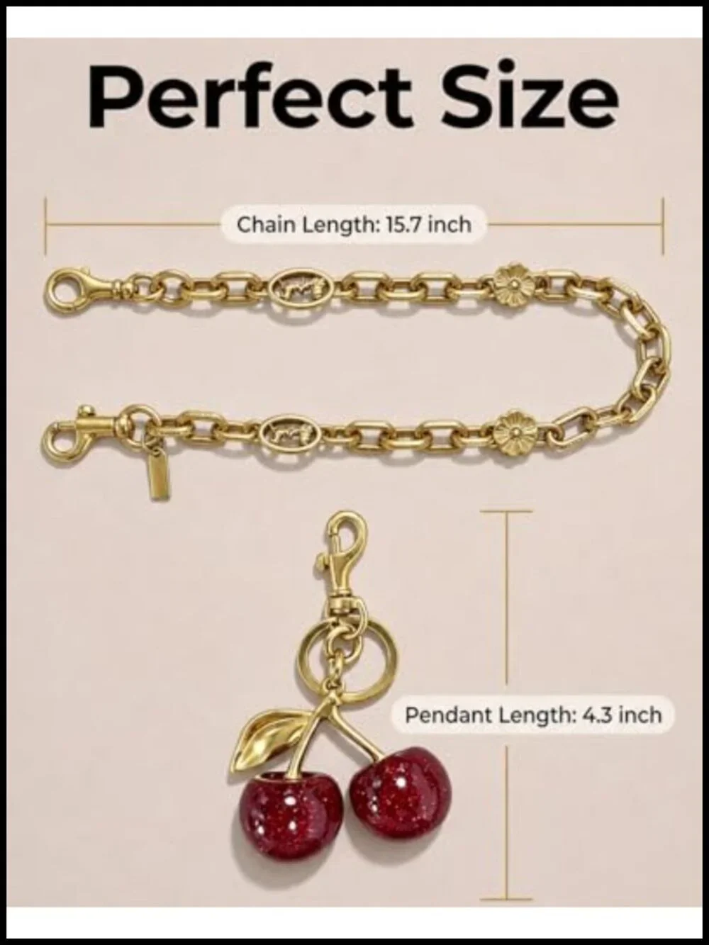Gold Bag Charm Chain with Cherry Pendant, Purse Keychain, Extender Strap for